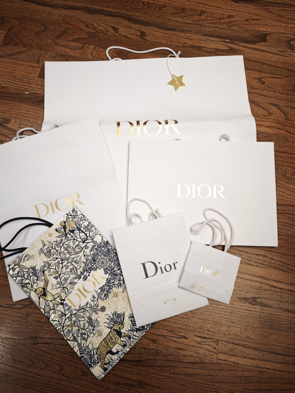Dior White and Gold Shopping Bags Set